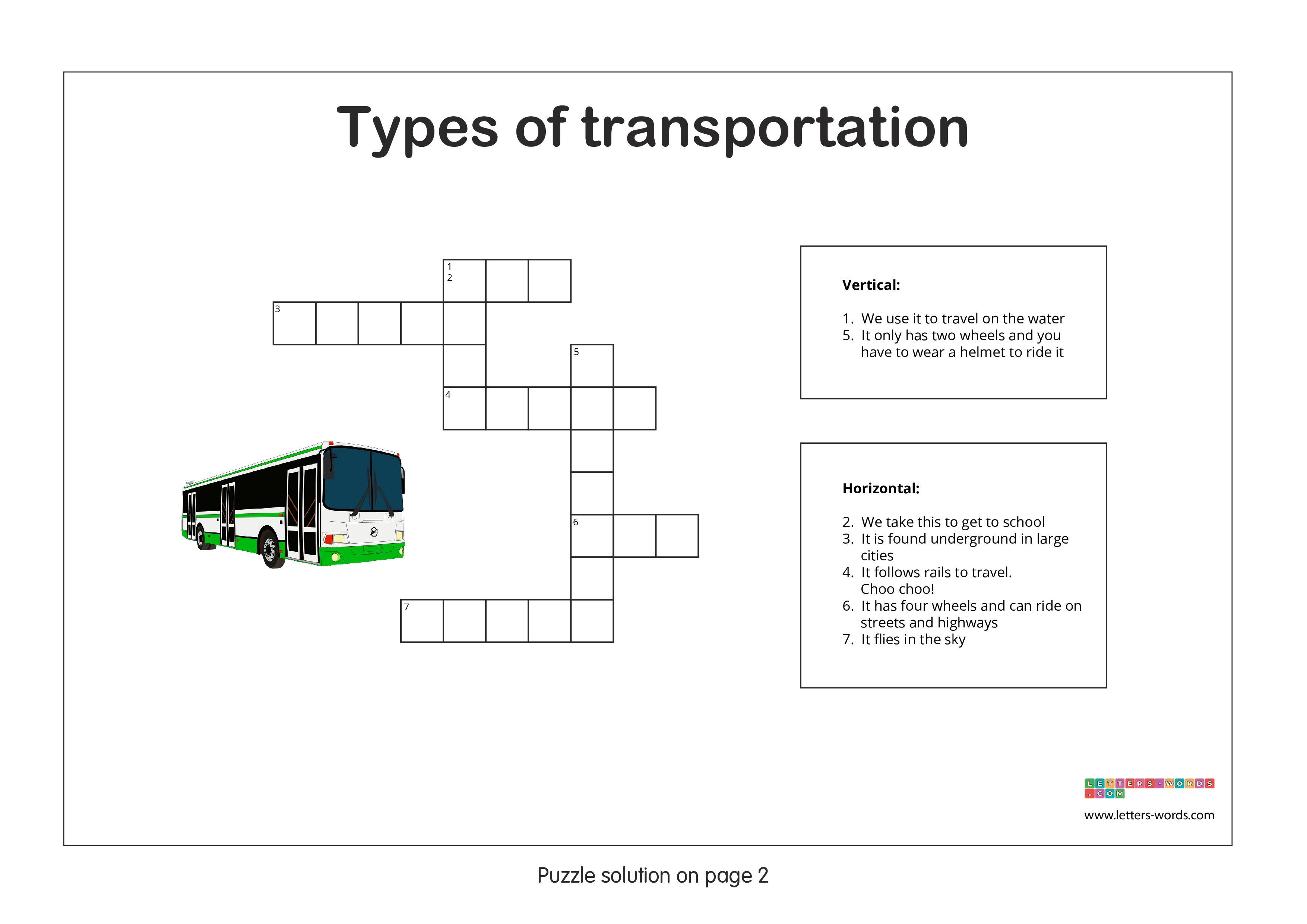 Elementary School Students Crossword Puzzle - Types of transportation