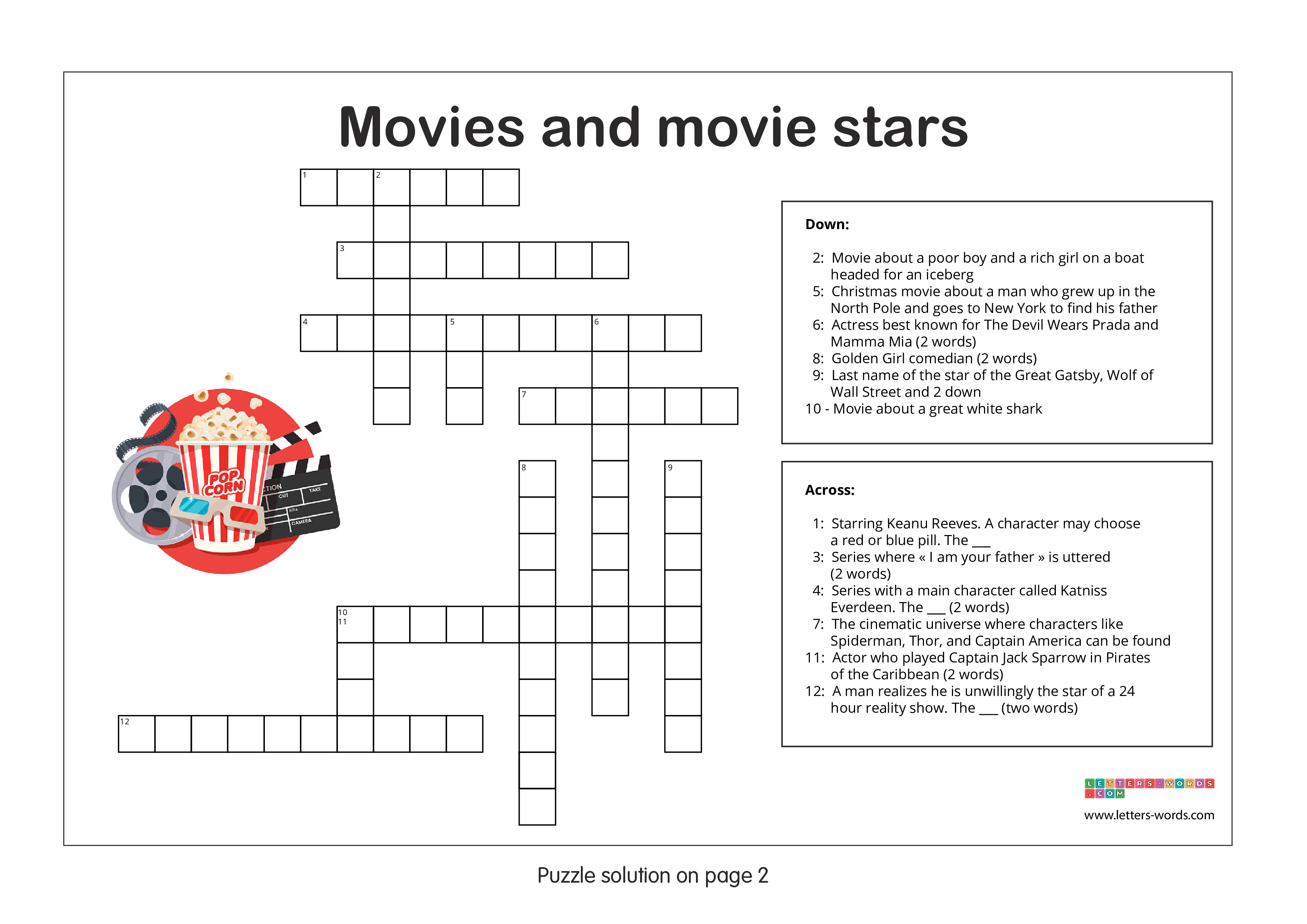 Crossword puzzles for children aged 12+ - Movies and Stars