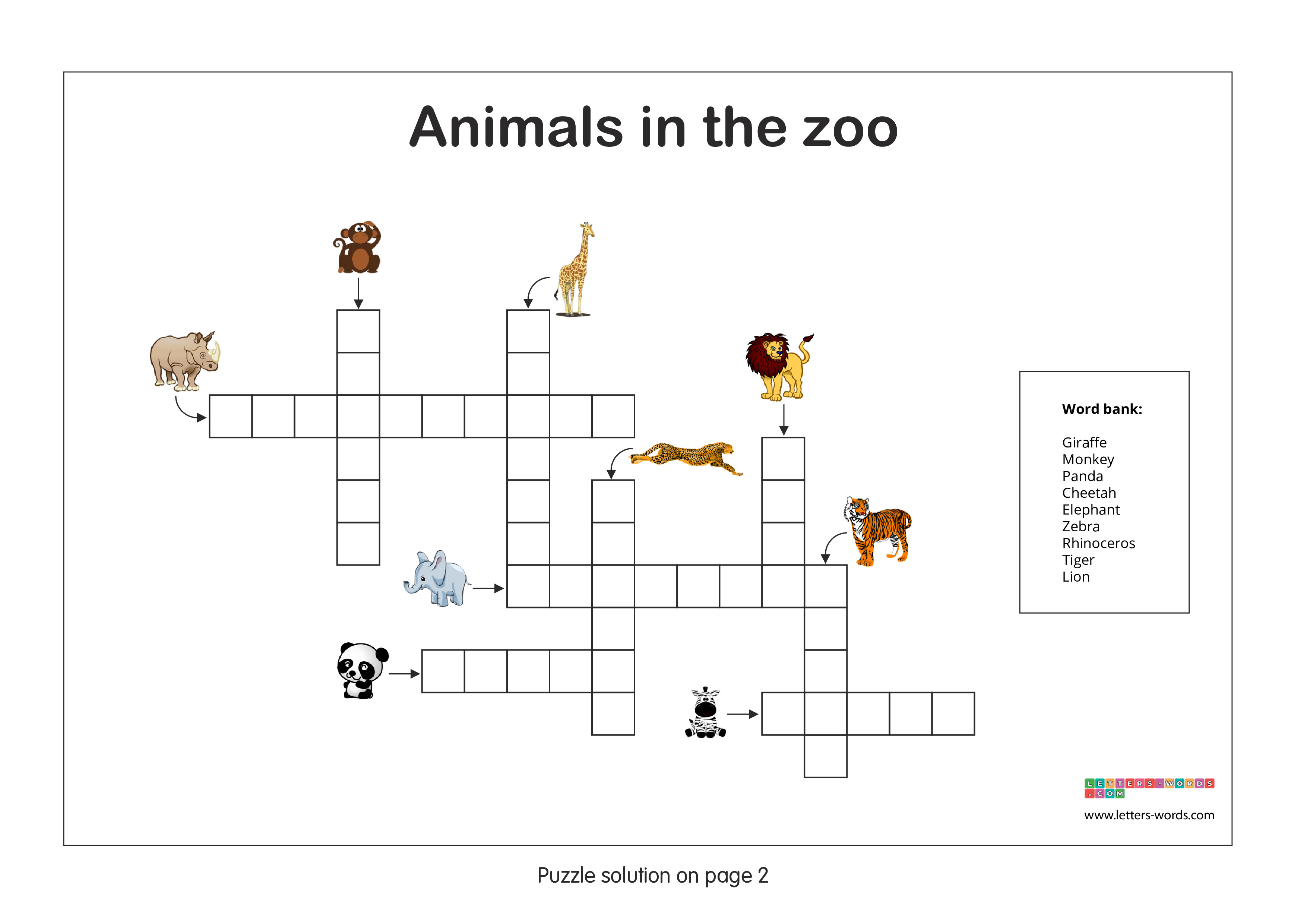 Kindergarten Crossword Puzzle - Animals in the zoo