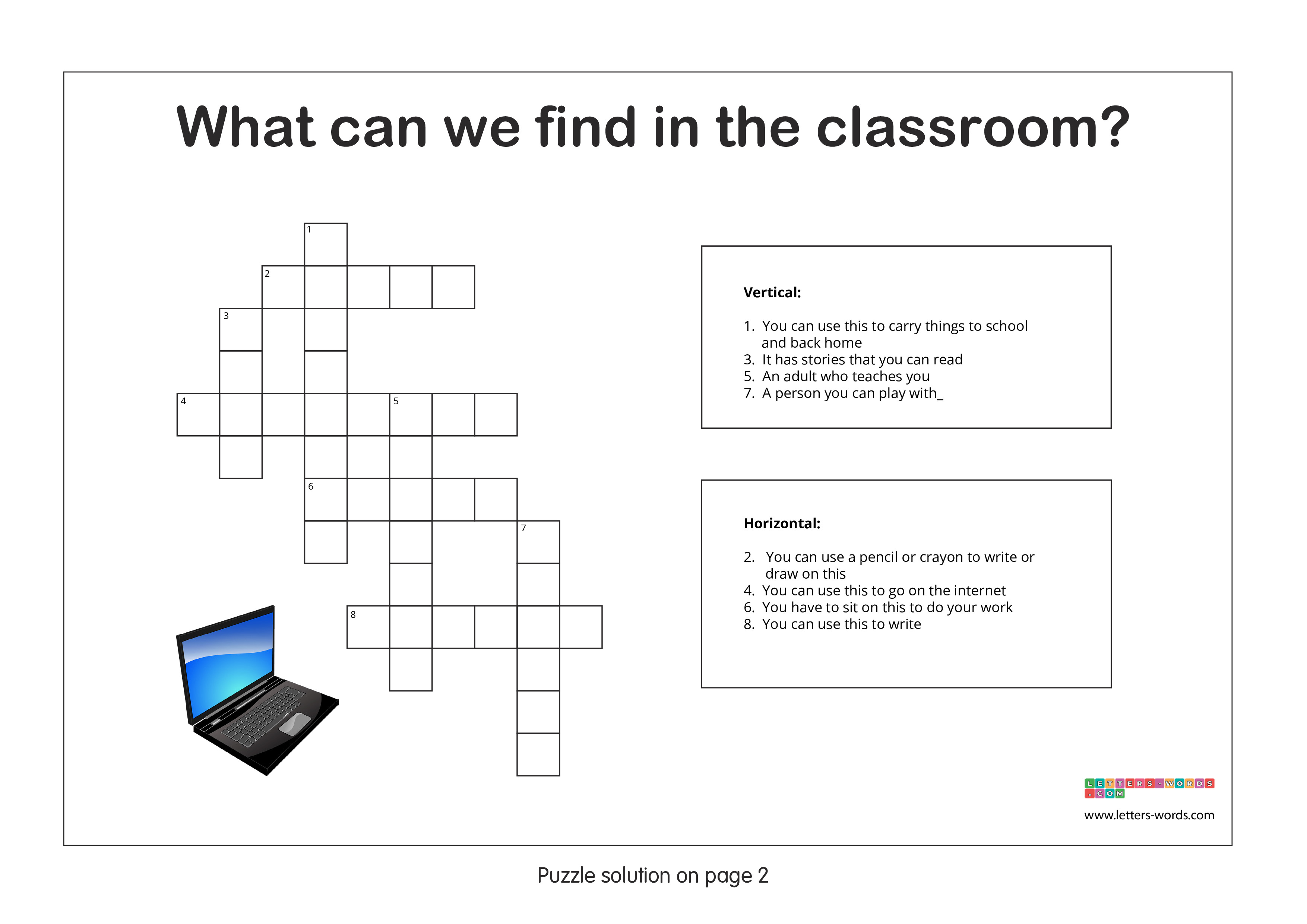 Elementary School Students Crossword Puzzle - What can we find in the classroom?