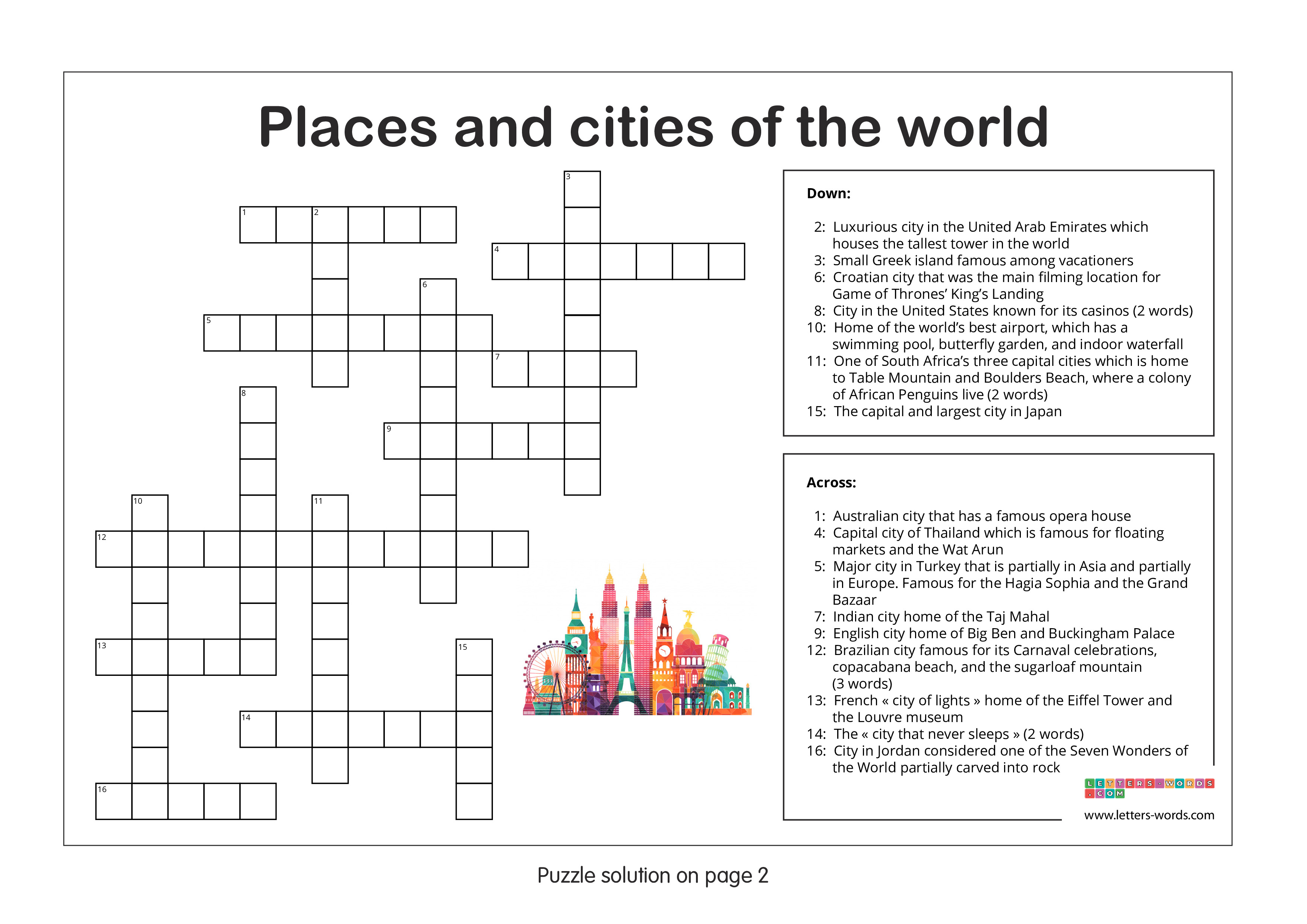 Crossword puzzles for children aged 12+ - Places and Cities